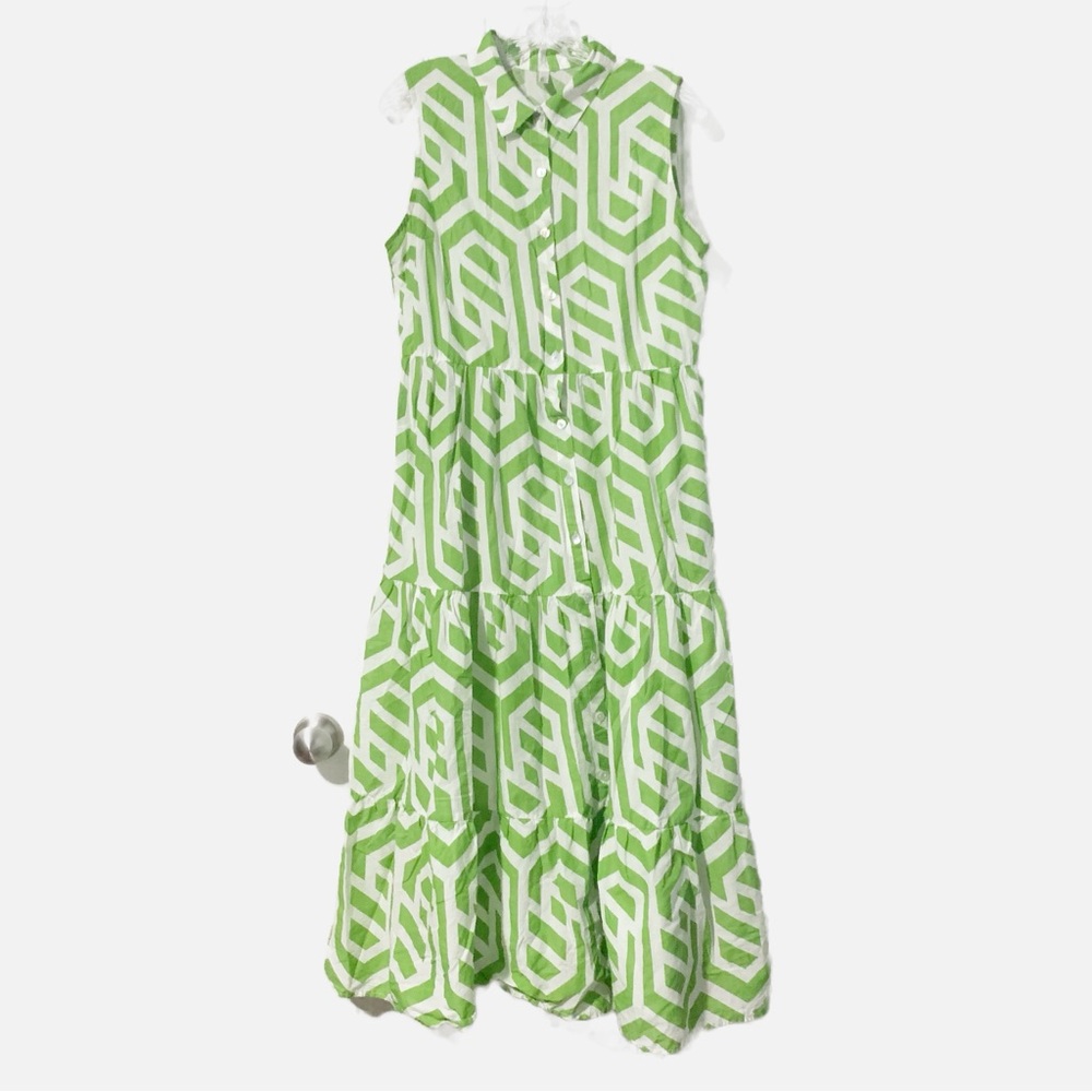 Green Geometric Pattern Sleeveless Dress